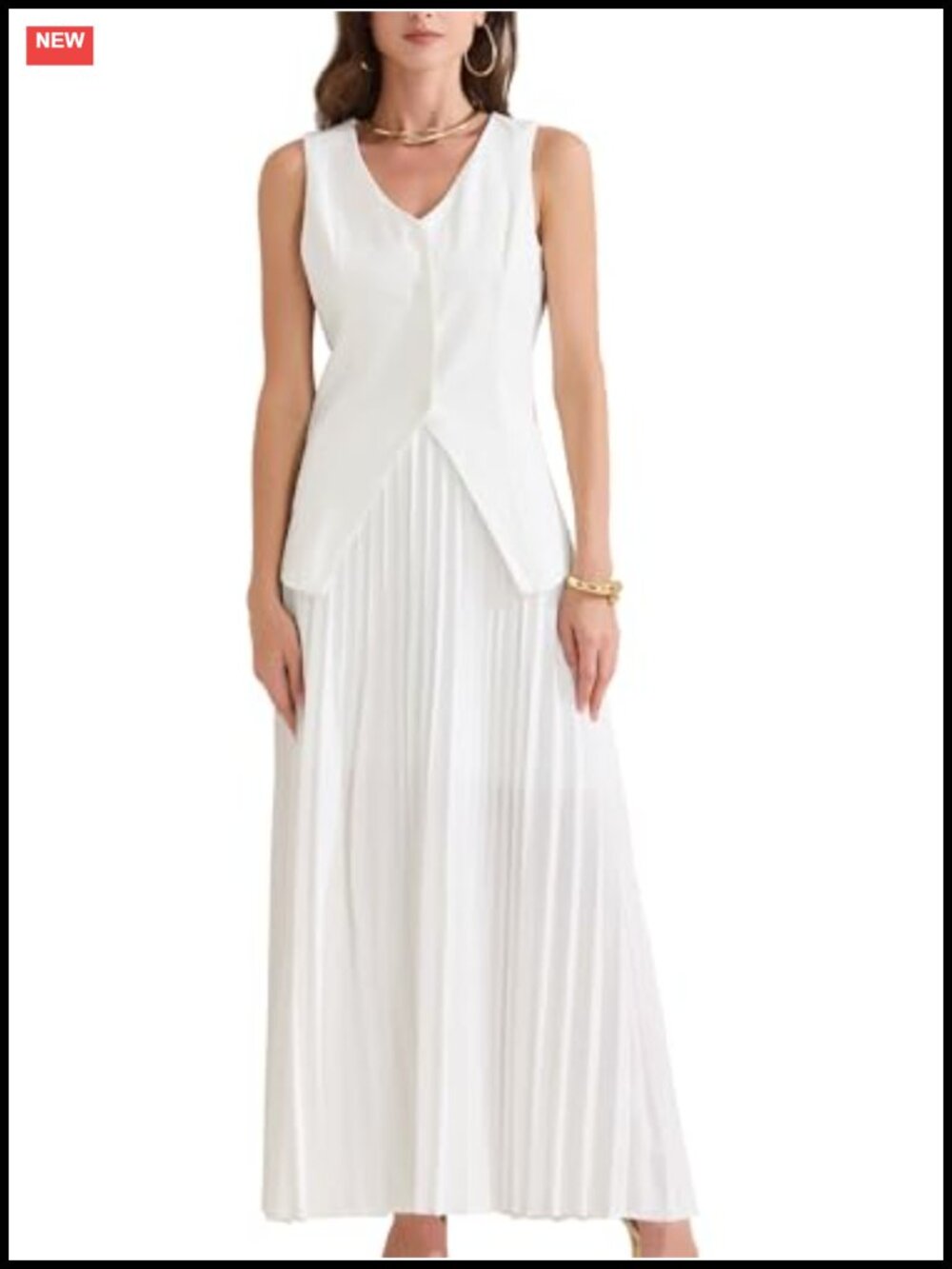 Women's 2 Piece Sleeveless V-Neck Vest Maxi Pleated Skirt Set Summer Outfit